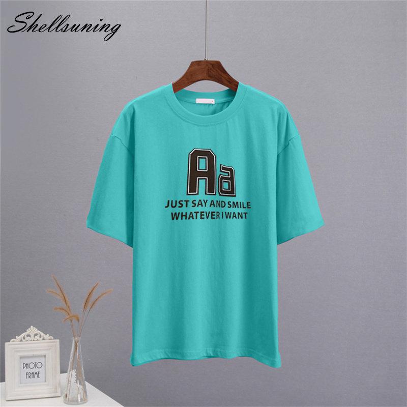 Bavlněná trička Shellsuning Oversized Dámské Léto S krátkým rukávem Trička s 3D potiskem dopisů Dámské Běžné Volné High Street Basic Tops