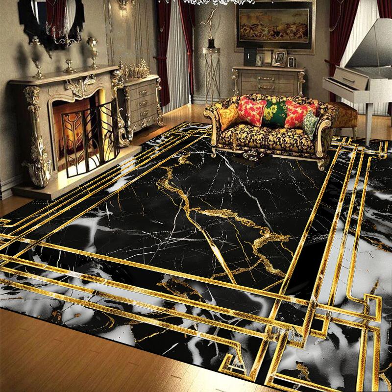 European Luxury Large Area Carpets Living Room Black Gold Marble Style Decoration Sofa Area Rugs for Bedroom Floor Mat Anti-slip