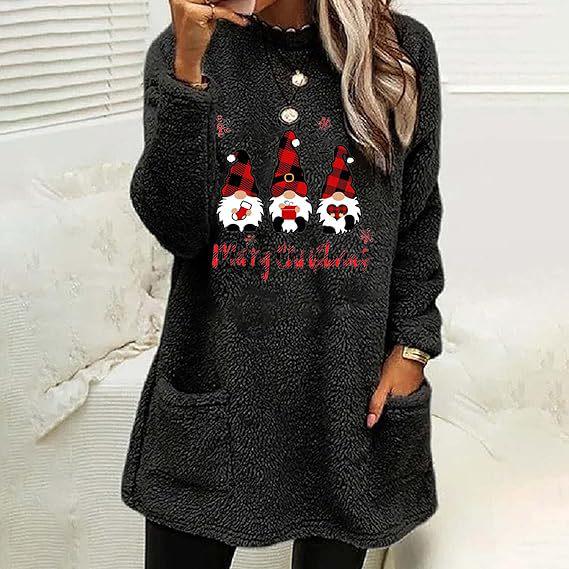 Women's Christmas Letter Print Round Neck Loose Long Sleeve Plush Hoodie