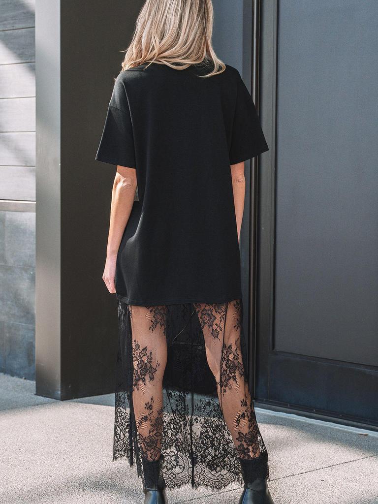 2025 Summer European & American Women's Lace Patchwork Short Sleeve Long Dress