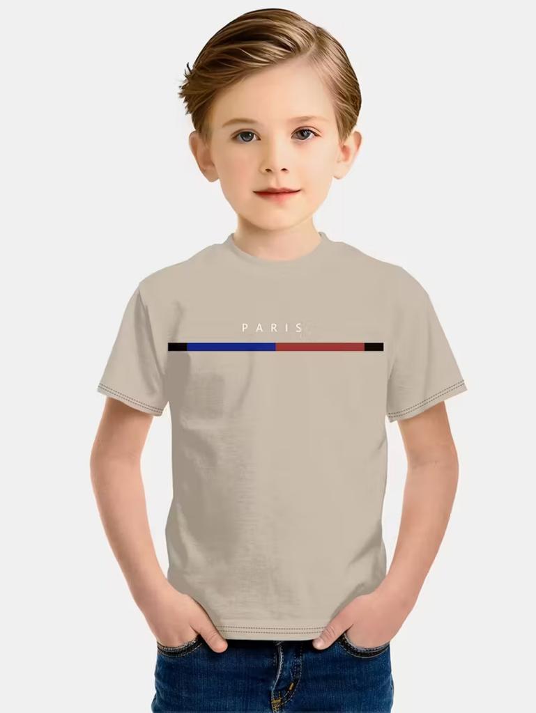T-shirt da ragazzo Semplice Stampa Lettere Parigi Estiva Manica Corta Magliette Ampie Moda Girocollo Righe Streetwear Abbigliamento Bambini