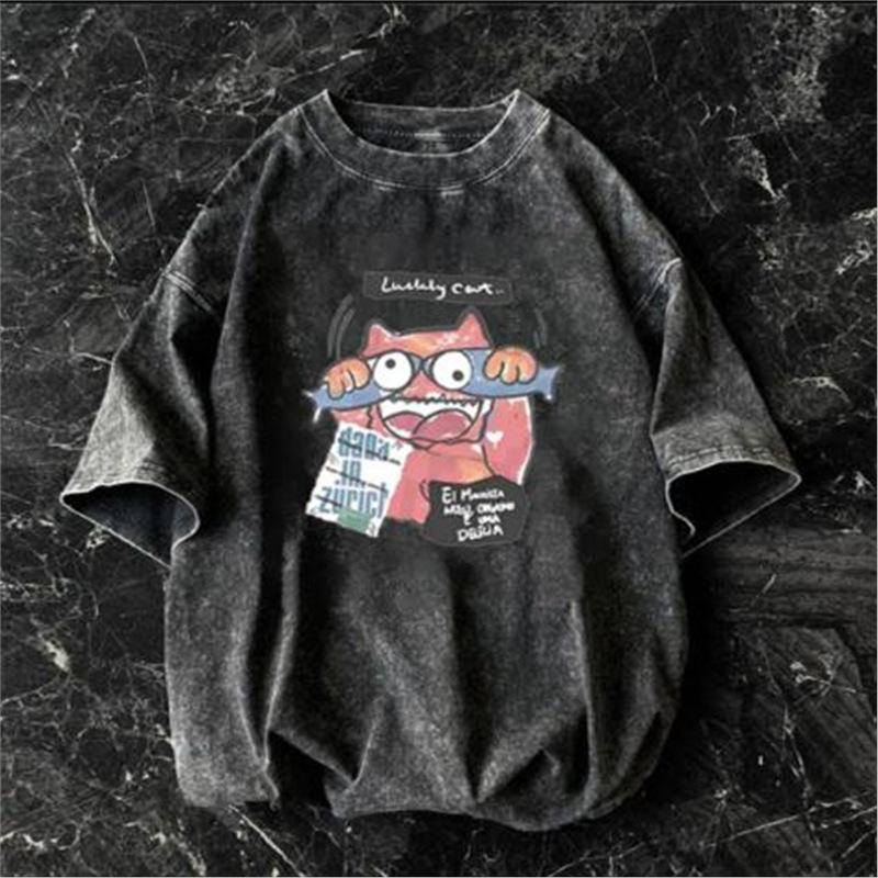 Vintage Gewaschenes Blumenmuster Übergroßes T-Shirt Retro Used Look Kurzarm-Tee Y2K Streetwear Top Damen Harajuku Lockeres T-Shirt M gray