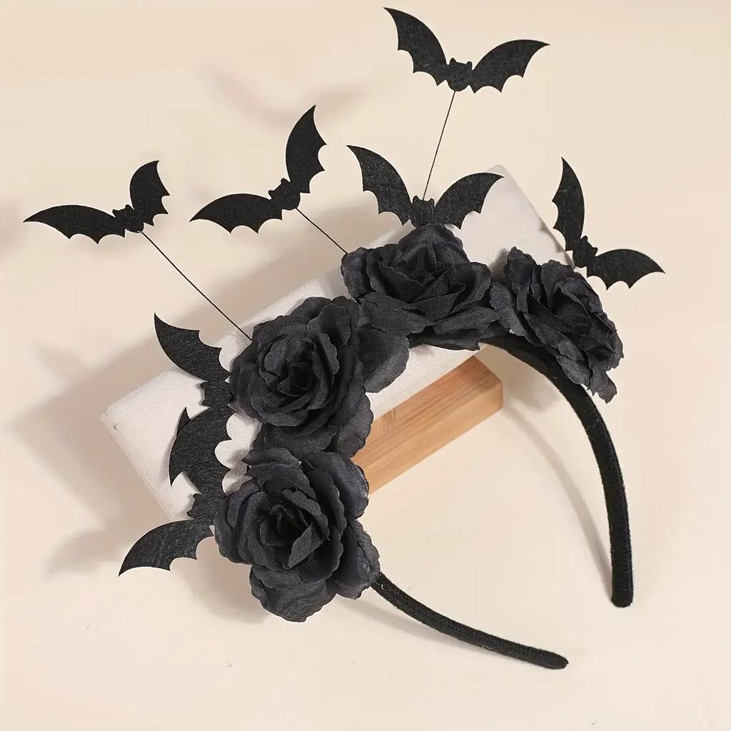 1 piece Halloween party headband - cute witch hat with black artificial flowers, gothic bat clip, dark role-playing accessory