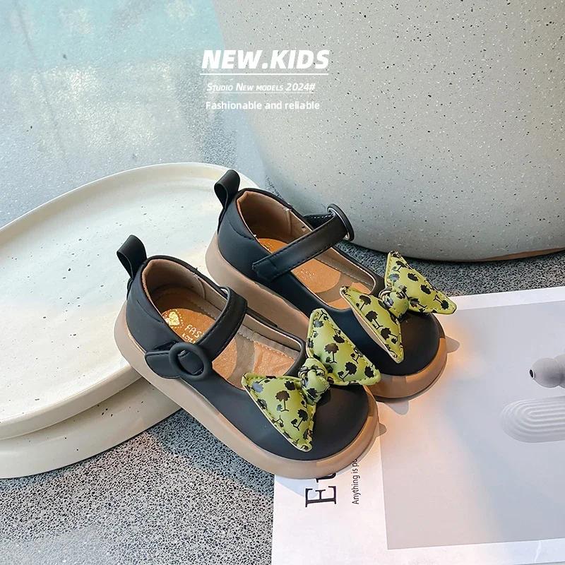 Girls' Dance Shoes Casual Soft Sole Kids Flat Shoes with Sweet Bow 2024 New Fashion Girls' Princess Shoes Solid Color Versatile