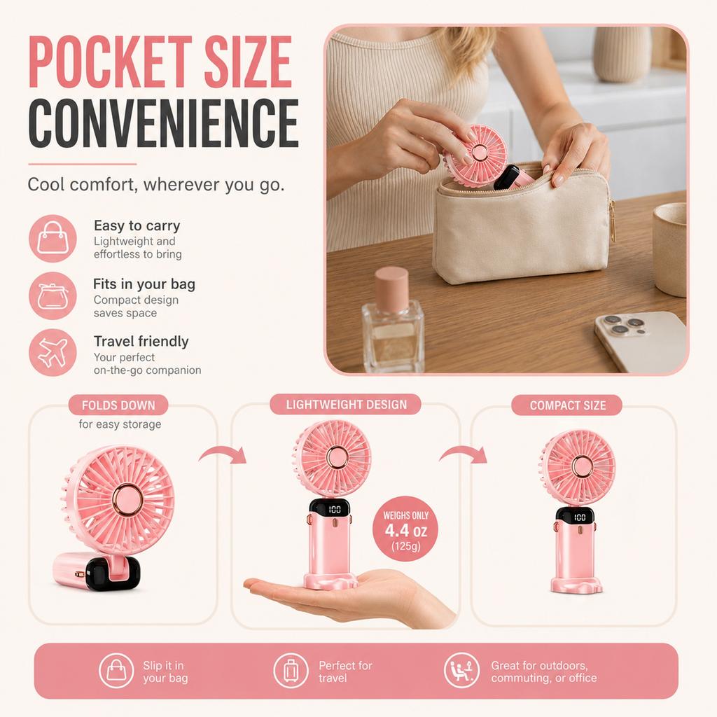 Portable Handheld Fan, Rechargeable Personal Fan for Outdoor Travel, 3 Speeds USB