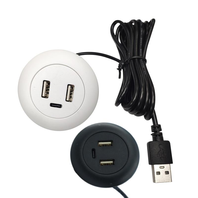 1Pcs Type-C Usb Charger 3 In 1 Splitter Desktop Hole Embedded Usb Hub For Laptop Pc Mobile Phone Charging Furniture Office Socke