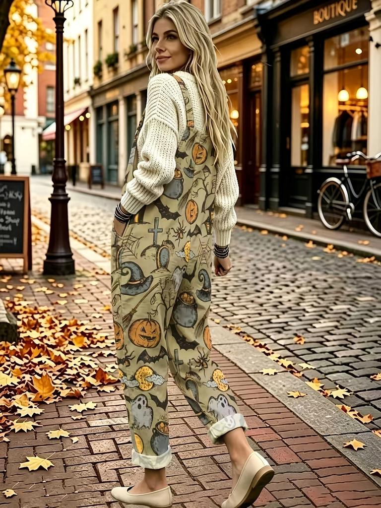 Halloween Vintage Hand-painted Pumpkin Ghost Printed Overalls for Women, Loose Fit Large Pocket Casual Jumpsuit