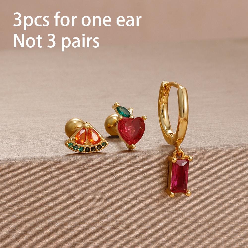 3PCS Unique Stainless Steel Earrings Set for Women Rose Red Crystal Zircon Huggie Hoop Earring Wedding Romantic Jewelry