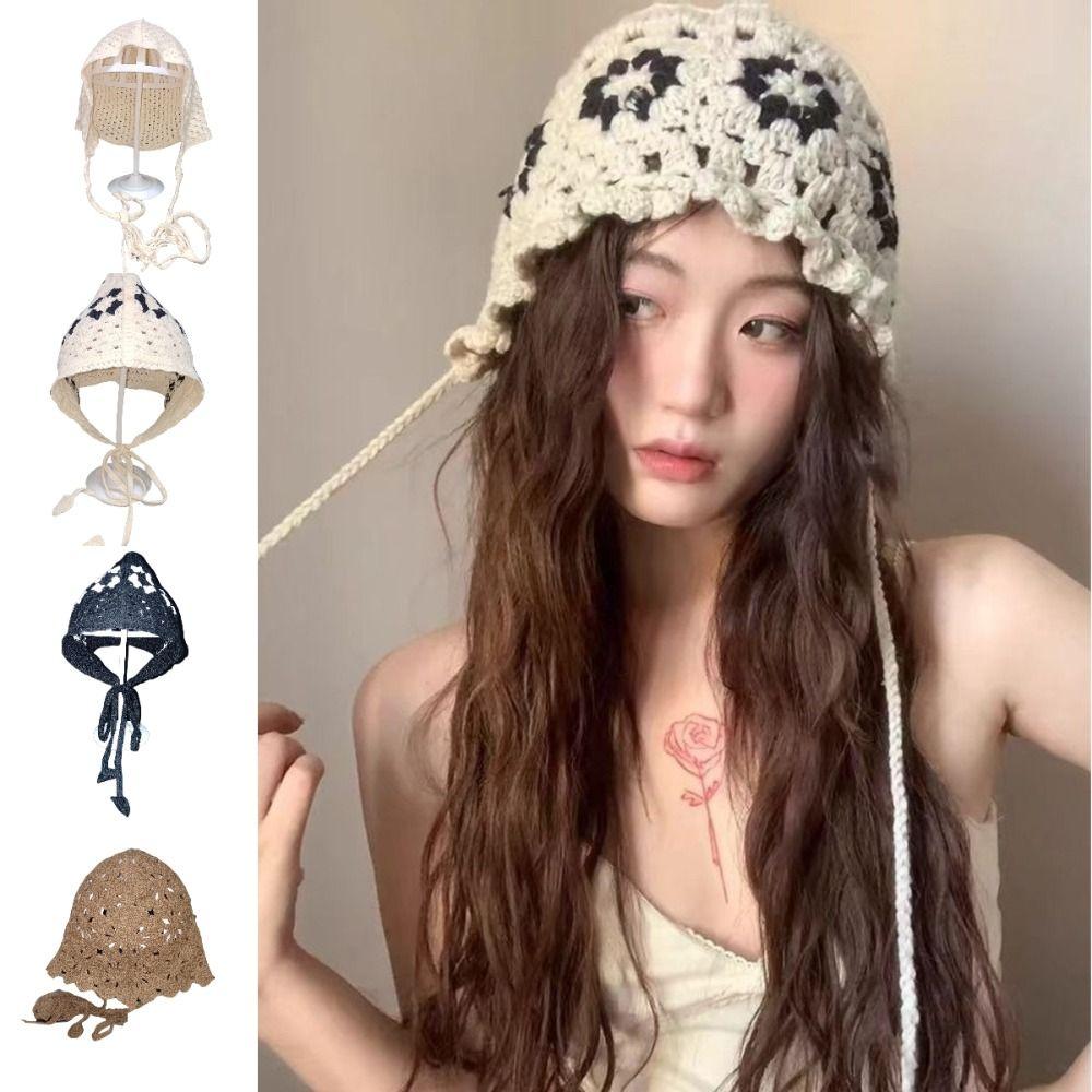 

Retro Bun Hats Handmade Knitted Woolen Hat Sweet Baotou Hat Outdoor бежевий
