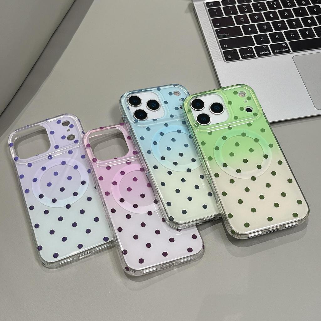 Gradient Polka Dot Magnetic Phone Case for iPhone 14/15/16/17 Pro Max - Double Layer Shell
