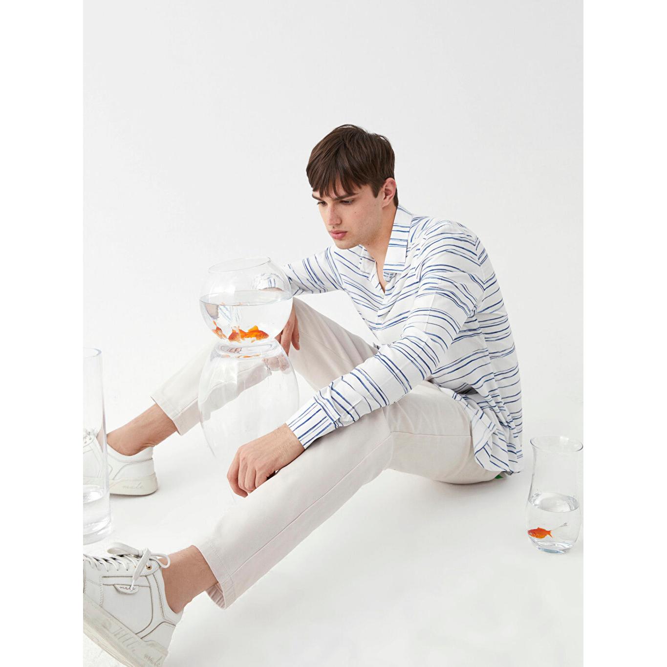 

LCW CLASSIC Slim Fit Полосатая Мужская Рубашка С Длинным Рукавом Белая