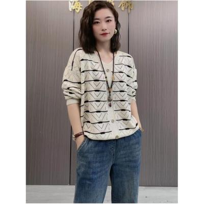 Women's Spring and Summer Loose Casual V-neck Knit Shirt Personalized Breathable Hollowed Out Tops