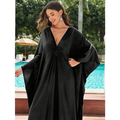 Vestido de praia estilo boho feminino, tamanho grande, cor sólida, decote em V, mangas morcego, design tecido, ajuste solto, kaftan