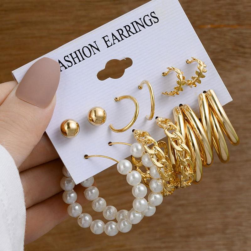 Hot European & American Geometric Pearl Circle Ear Cuffs & Round Bead Stud Earring Set