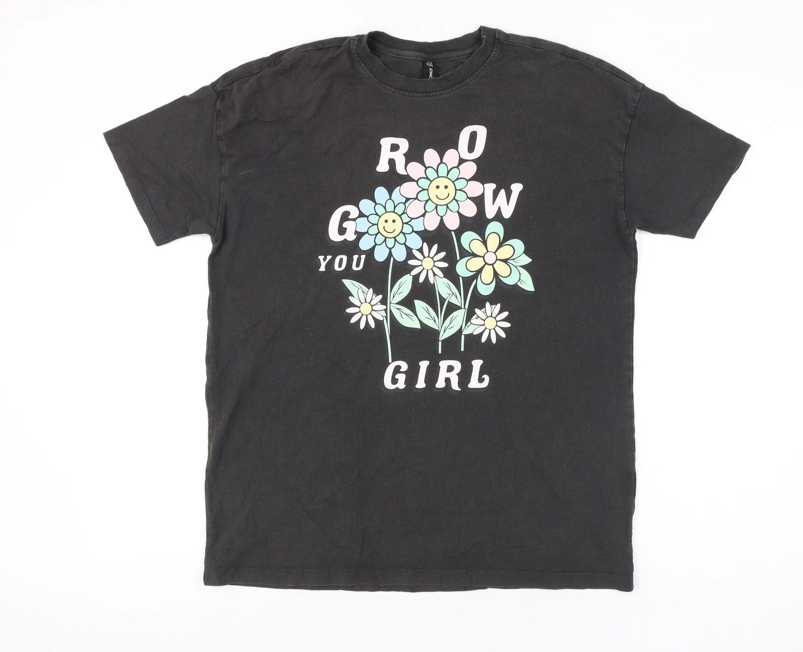 ONLY Women s Black Floral Graphic T-Shirt Size M Casual Crew Neck S