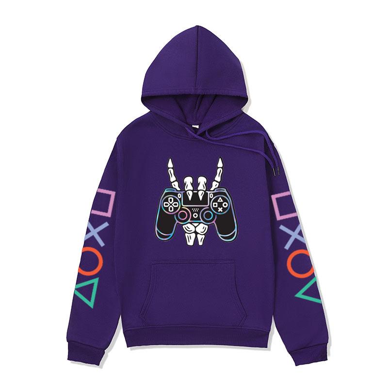 Winter Comfortable Fashion Long Sleeved Letter Game Console Icon Printed Hoodie-Soft Medium Stretch Polyester Fabric Winter Relaxed Fit Clothing