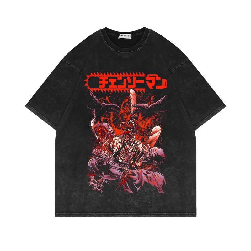 Summer New Pure Cotton Tide Brand American Retro Men's Clothing Washed Old Chainsaw Man Animation Loose T-shirt Men and Women Ins