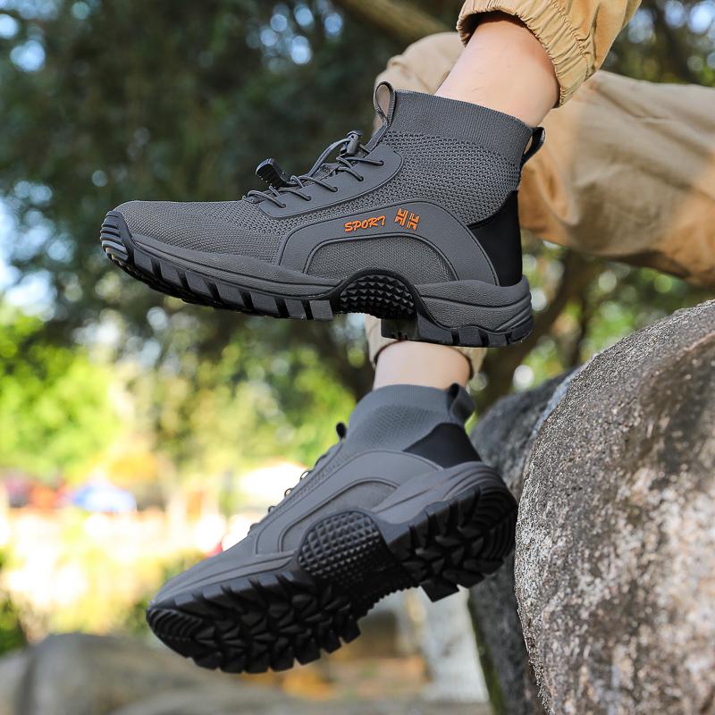 Herren High-Top Wanderschuhe Gestricktes Atmungsaktives Mesh Outdoor Sneaker Männlich Rutschfest Lässige Sportschuhe für Trekking Übung