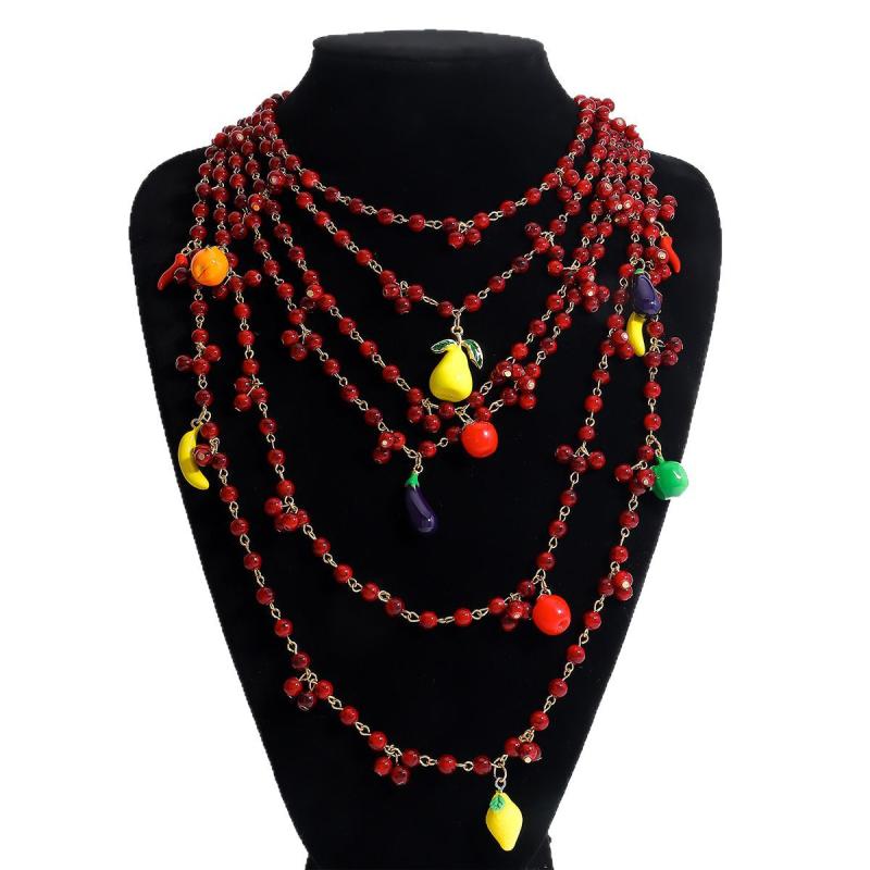 Boho Wielowarstwowy Naszyjnik z Koralików Owocowych Dla Kobiet Dziewcząt Długi Naszyjnik Chili Bakłażan Cytryna Biżuteria Prezenty
