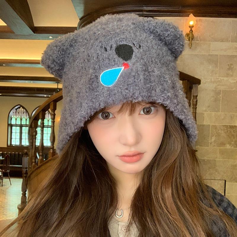 Flowers and Little Stars Knitted Ear Protector Wool Hat Female Winter Cartoon Cute Versatile Warm Bear Hat