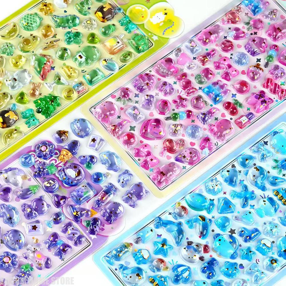 1/4pcs 4 Colors Cute Animal Embossed Gemstone Sticker with Gold Sequin for Scrapbooking Kawaii Aesthetic Material Craft Supplies