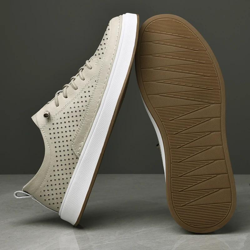 Fashion Genuine Leather Men Breathable Sneakers Fashion Trend Casual Leather Outdoor Non-slip Board Shoes Hollow Out Vulcanized Shoes