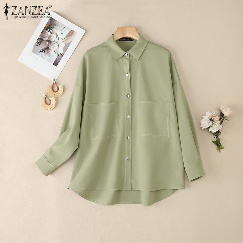 ZANZEA Damska luźna bluzka z długim rękawem i kołnierzykiem