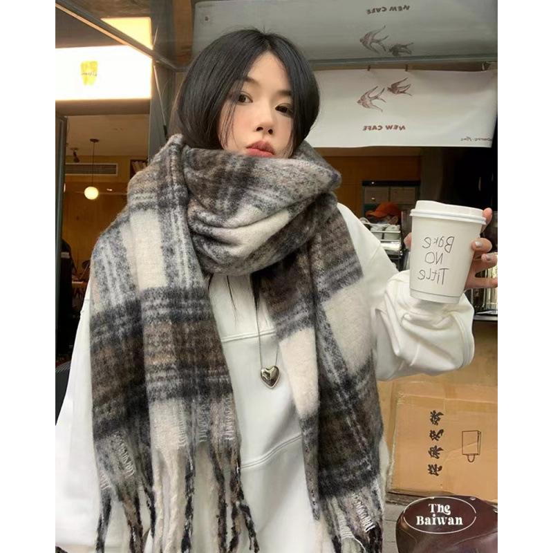 Atmospheric Blue Plaid Scarf for Women In Autumn and Winter Retro Mohair Warm and Thickened Long Tassel Shawl Scarf
