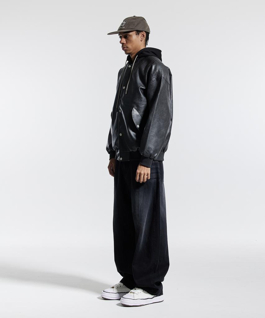 CREAM SODA LAB Half-Band Vintage Front Wash Wide Balloon Denim Pants Black