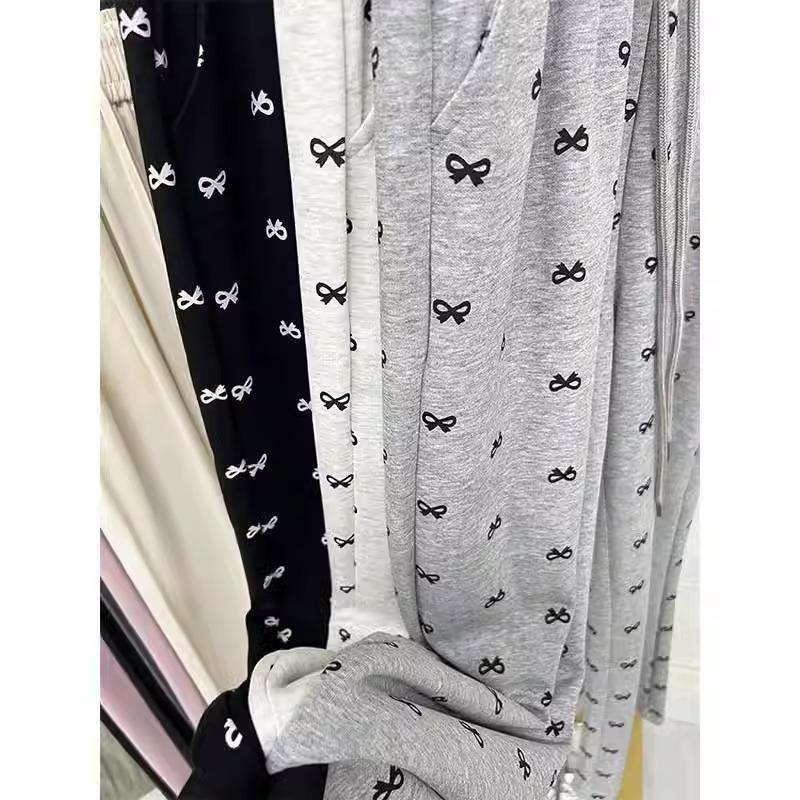 Korean Style Bow Print High Waist Wide Leg Pants for Women - Petite & Slimming, Early Autumn