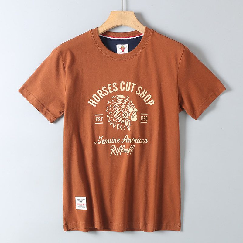 Trade Surplus American Retro Trendy Native American Style Niche Short-Sleeve T-Shirt for Men, All-Cotton, Washed and Brushed, Round Neck, Half-Sleeve
