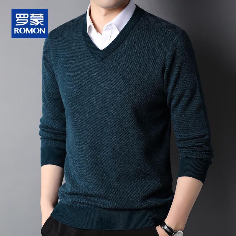 ROMON Men's 100% Pure Wool V-Neck Thickened Striped Knit Sweater
