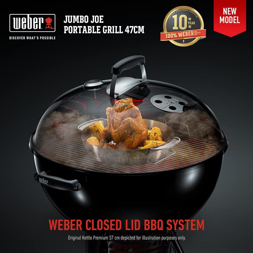 Weber Barbecue Stove 47cm Diameter Jumbo Joe Camping Fire Pit for 6-8 People with Thermometer 1211308 Black