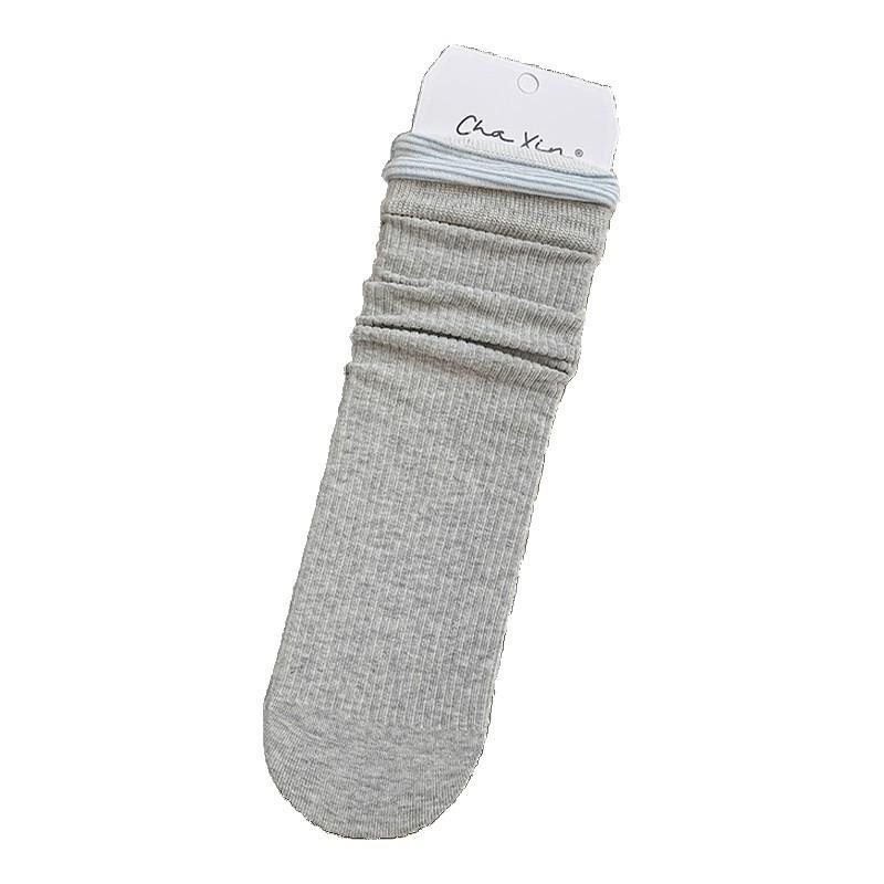 Women's Japanese Style Ribbed Stripe Mid-Calf Socks - Grey Patchwork Fake Two-Piece for Spring/Autumn Versatile Girly Fashion