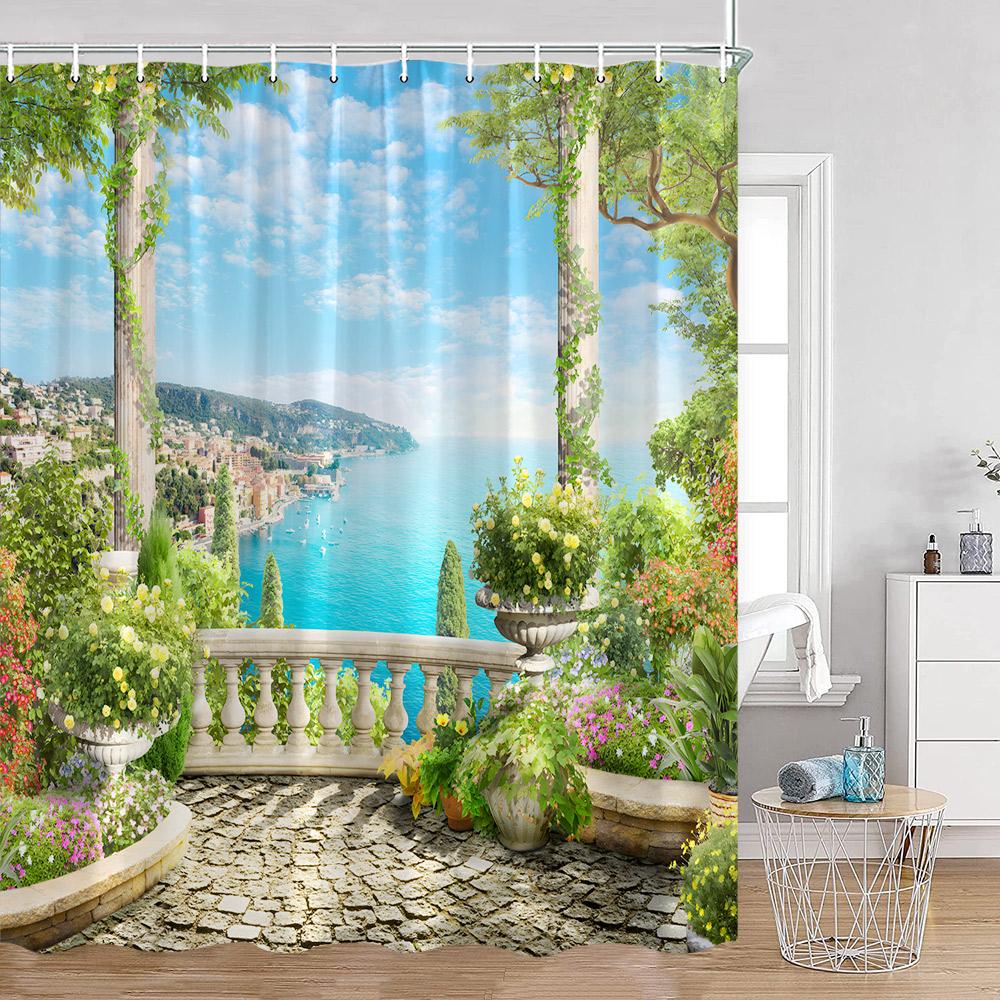 

European Garden Shower Curtains Seaside Balcony Seascape Island Colorful Fowers Bathroom Decor Floral Polyester Bath Curtain 90x180cm-35x70in
