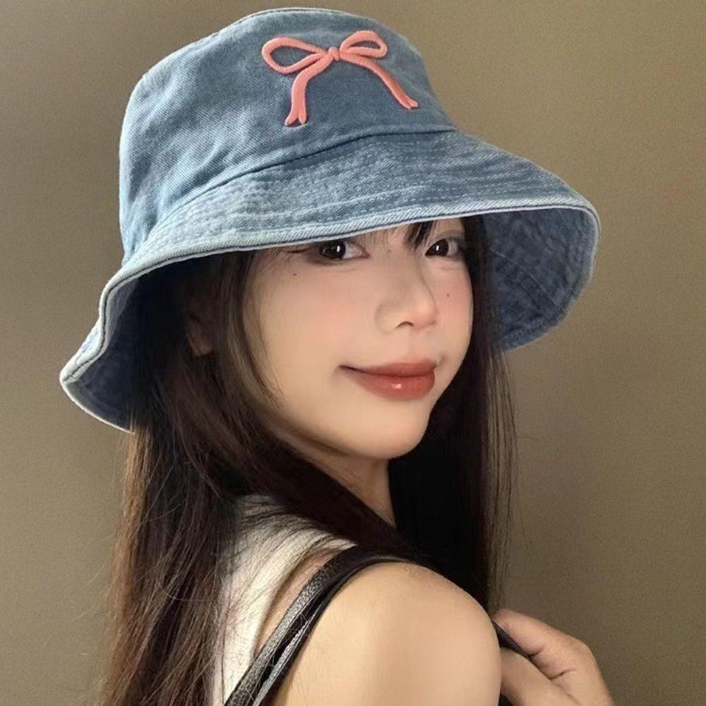 Sweet Bow Embroidery Hat Korean Washed Denim Hat Fashion Bowknot Bucket Hat  for Women