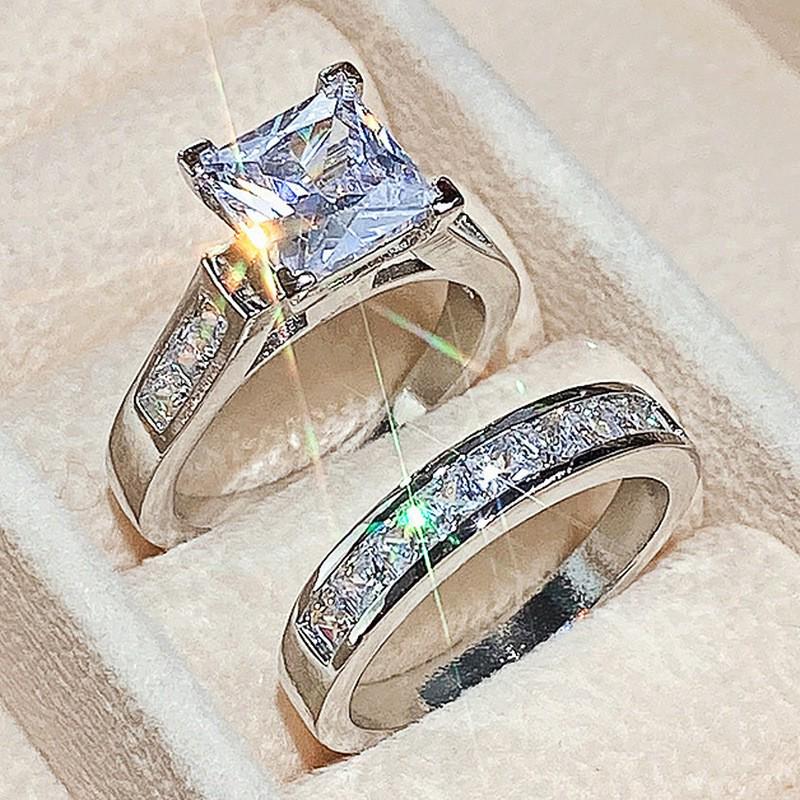 Sanjie Women's Square Zircon Couple Ring Set - Elegant Diamond Design