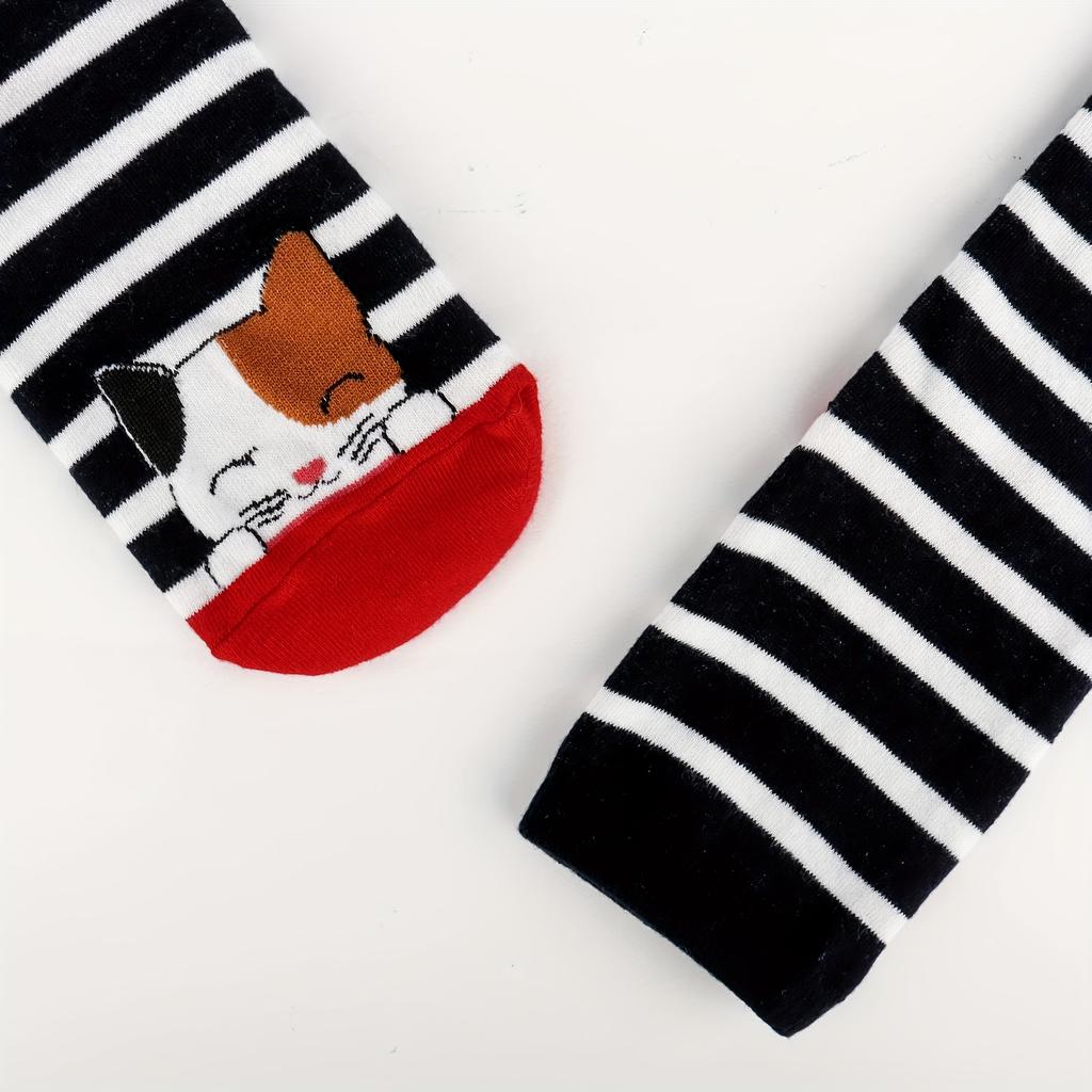 5 Pairs Of Cartoon Cat Funny Socks, Cozy Novelty Socks, Casual Mid Tube Socks For Women Girls Gifts