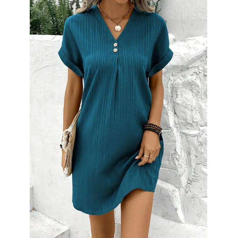 New Style V-neck Temperament Women's Short-sleeved Long Skirt Pullover Casual Button Dress Comfortable and Versatile Trend A-line Skirt Spot A167#