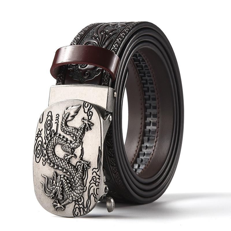 Men's Retro Dragon Head Genuine Leather Belt with Carved Embossed Design