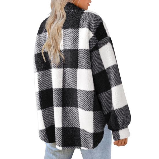 Giacca da donna autunno inverno con tasche finte, stampa scozzese a contrasto di colore, taglie forti, colletto rovesciato, monopetto, manica lunga, cardigan, cappotto di peluche