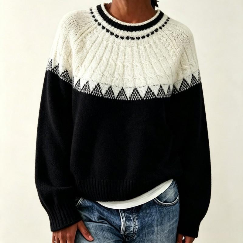 Womens Oversized Crewneck Knit Sweater With Colorblock Cable Jacquard Fall Winter Loose Fit