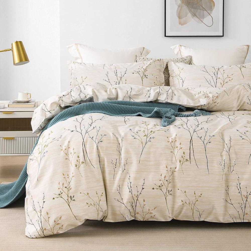 Egyptian Cotton Queen Bedding Set with Cream Branch Pattern and 1200 Thread Count for Breathable Comfort