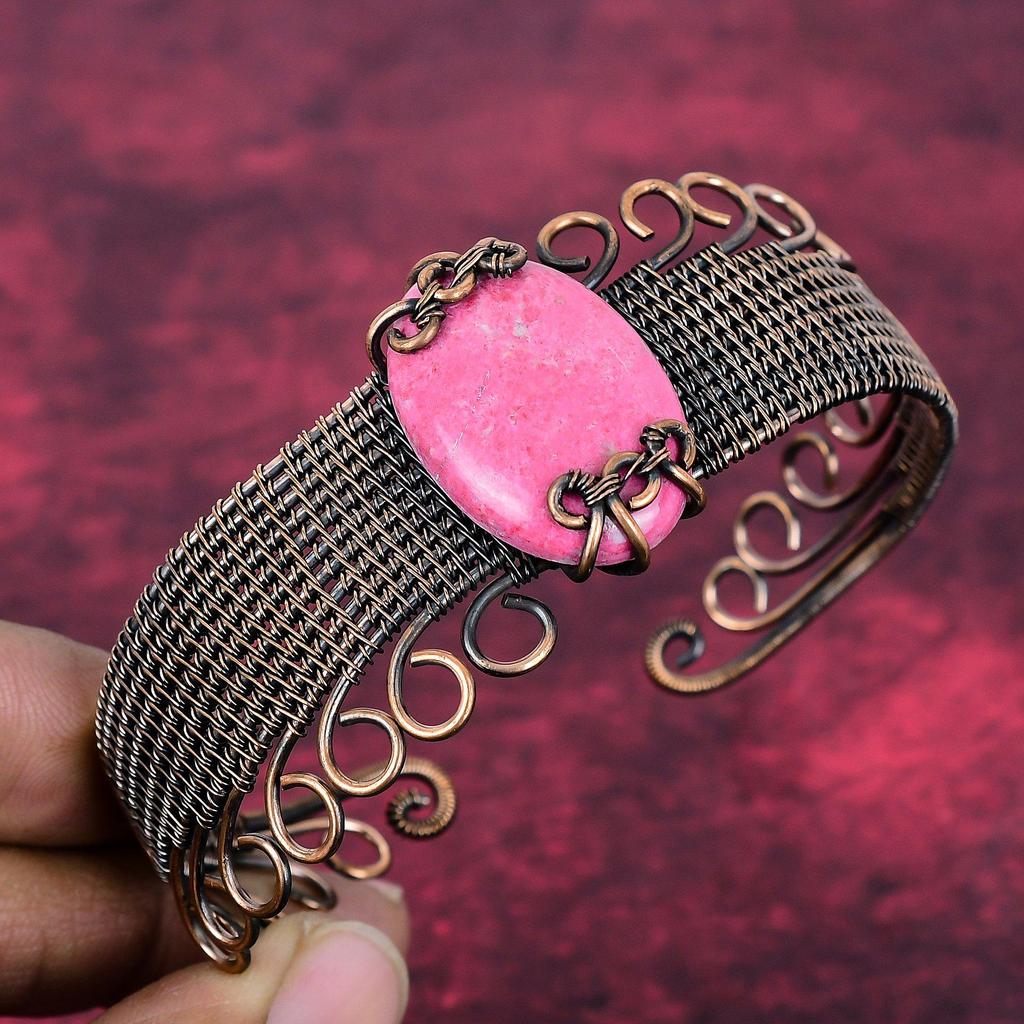 Thulite Cuff Bracelet Copper Wire Wrapped Adjustable Bangle Gemstone Jewelry