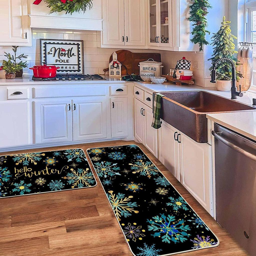 2pcs Christmas Atmosphere Floor Mat Non-slip Stain-resistant Bathroom Mat Kitchen Rug for Holiday Home Decoration