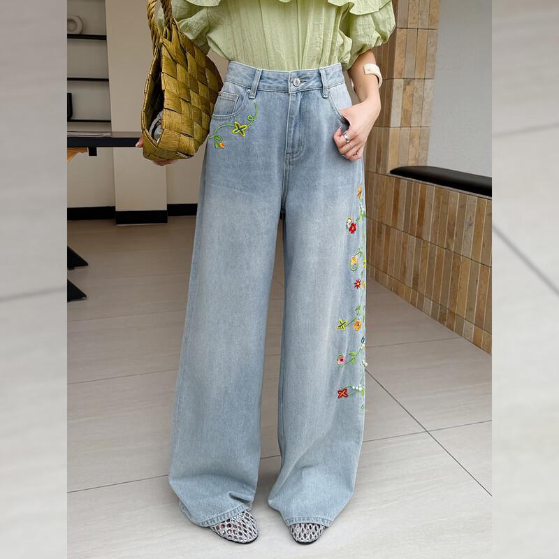 Bailuyu Retro Embroidered Denim Straight-Leg Pants S синий