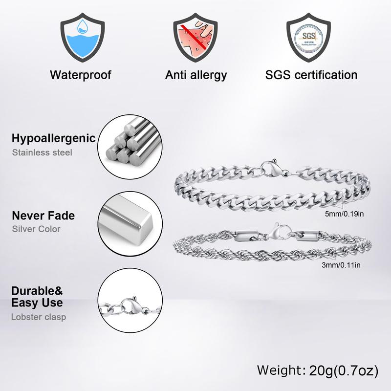 2pcs Men's Chain Bracelets,Stainless Steel Silver Gold Black Color Twist Rope Chain Wristband,Trendy Cuban Link Chains Gift