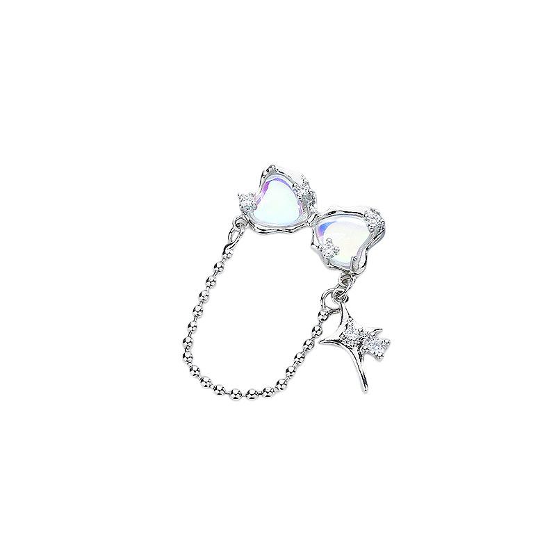 Bow Moonstone Stud Earrings Light Luxury Cold Wind Star Light Love Zircon Fringed Earrings Temperament Celebrity Show Face Thin