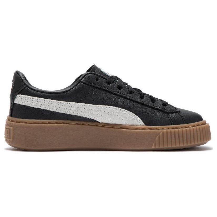 Puma Basket Platform Leder Runde Zehenpartie Schnürschuhe Low-Top Sneakers Damen-Sneakers Schwarz 394369-02