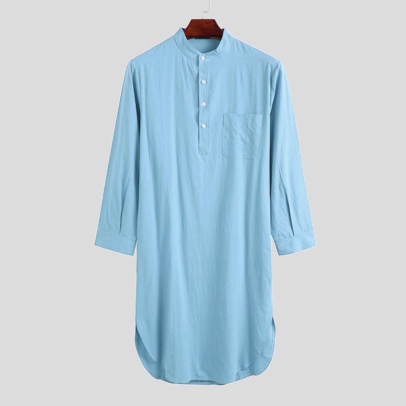 

Мужской хлопковый халат для сна на пуговицах, однотонный, со стойкой воротником, с длинными рукавами, ночная рубашка, модная, удобная домашняя одежда, свободный банный халат XL небесно-голубой